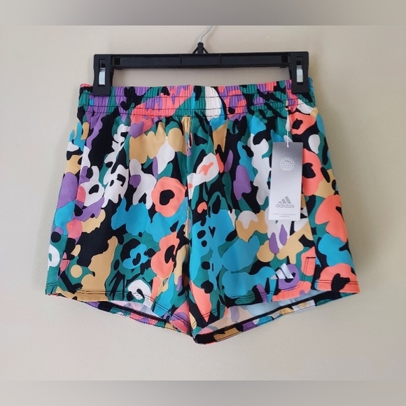 NWT Adidas Girls Athletic Lightweight Shorts Bright Neon Abstract Floral Print - Picture 3 of 6